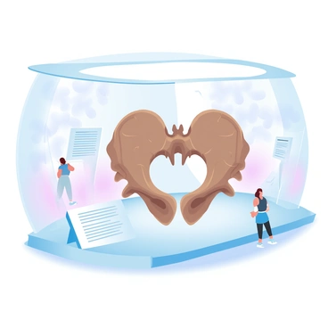 A large fossilized pelvis from an ancient mammal displayed prominently in a museum exhibit. The pelvis is intricately detailed, showing the texture of the bone and the age cracks that suggest its fossilized nature. Surrounding the pelvis are informational plaques on elegant stands providing facts about the ancient mammal and its era. The exhibit is lit with soft, warm lighting that highlights the fossil while casting gentle shadows. In the background, a gradient of pastel colors fills the walls, enhancing the focus on the pelvis, while visitors can be seen admiring the exhibit from a distance.