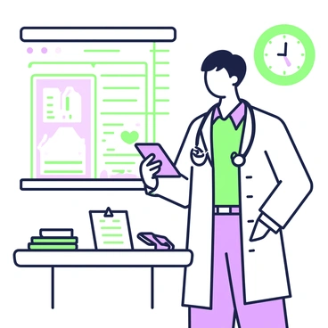 A doctor with short hair is standing in a well-lit room, reviewing patient information displayed on a digital tablet. The doctor is wearing a white lab coat over a light blue shirt and dark trousers. A stethoscope hangs around the doctor's neck. On a nearby table, there is a folder with medical documents and a pen. The background features a window with blinds partially open, allowing soft light to filter in. A wall clock is visible, showing the time.