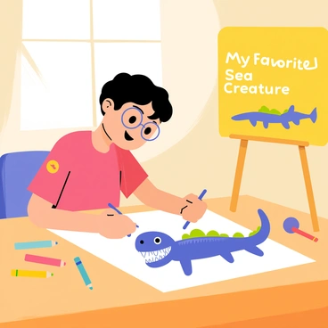 A child sitting at a wooden table, focused on their colorful drawing of a "mosasaurus." The mosasaurus is depicted in vibrant shades of blue, green, and purple, with a wide grin and sharp teeth. Colored pencils and crayons are scattered around the table, showcasing an array of colors. The child's concentration is evident, with big round glasses on their face and a few strands of hair falling into their eyes. A bright poster board is propped up in the background, featuring the title "My Favorite Sea Creature." Sunlight streams through a nearby window, illuminating the scene.