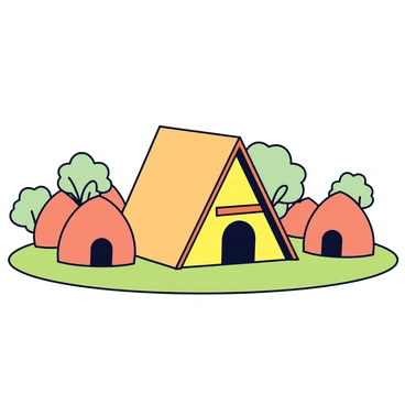 A unique triangular hut with a thatched roof stands prominently in a village filled with round huts. The triangular hut features wooden beams and a door at the base with a small window on each side. Surrounding the triangular hut are several round huts made of clay with rounded roofs. The ground is covered with soft green grass, and a few trees can be seen in the background, their leaves gently swaying in the breeze.
