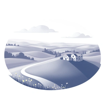 A high hill overlooks an expansive countryside landscape. Rolling hills stretch into the distance, dotted with clusters of trees and patches of farmland. A winding path snakes through the fields, leading towards a small farmhouse nestled among the greenery. In the foreground, a few wildflowers grow near the edge of the hill, adding detail to the scene. The sky is vast and open, with soft cloud formations scattered above. The scene conveys a sense of perspective and guidance through its sweeping views and natural elements.