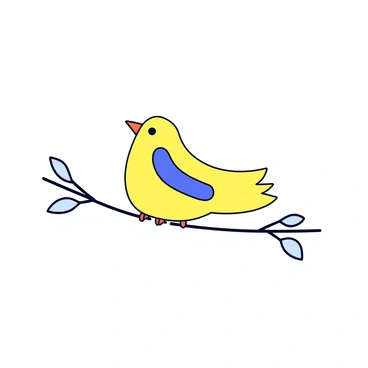 A small bird with a rounded body and a short beak is perched on a thin, delicate branch. The bird is shown in a solid color, with minimal details on its feathers. The branch is slender and has a few sparse leaves scattered along its length. The background is simple and unobtrusive, emphasizing the bird and the branch.