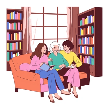 A warm and inviting library filled with wooden bookshelves lined with colorful books. In the foreground, there are three women of different ages sitting together on a plush, orange sofa. The first woman, a young adult, has long brown hair and is engrossed in a blue book. Next to her, an older woman with silver hair is sharing a laugh while holding a teal book. On the other side, a middle-aged woman with short black hair is taking notes in a yellow notebook while glancing at her friends. Soft light filters through the large windows, illuminating the cozy atmosphere of the library.