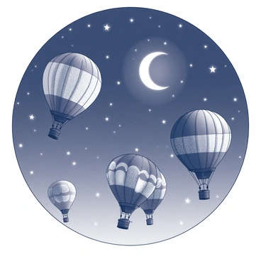 Several hot air balloons are soaring through a night sky. The balloons have unique designs and patterns on their surfaces. The sky is filled with numerous stars, twinkling brightly against the dark background. A crescent moon hangs gracefully, illuminating the scene with a subtle glow. The overall composition captures the magic of nighttime balloon flights, with silhouettes of the balloons contrasting against the celestial elements.