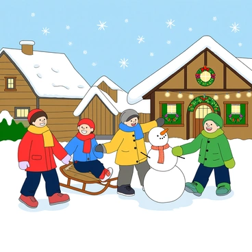 A group of four children bundled up in colorful winter coats, scarves, and mittens are happily exploring a village covered in fresh snow. The first child has a bright red coat and is making a snowball, while the second child is wearing a blue jacket and laughing as they pull a sled behind them. The third child, wearing a yellow coat, is building a snowman decorated with a carrot nose and a scarf. The fourth child, dressed in a green coat, is pointing towards a house adorned with twinkling lights and colorful holiday decorations, including wreaths and garlands. Soft snowflakes are falling gently from the sky, contributing to the festive atmosphere. In the background, picturesque wooden cottages with snow-covered roofs add to the charm of the scene.