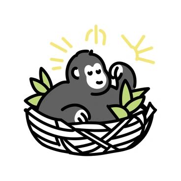 A large gorilla, with a thick black fur coat, is comfortably snuggled in a nest made of interwoven leaves and branches. The nest is circular in shape, appearing soft and inviting. Surrounding the gorilla are various green leaves that add warmth to the scene. The gorilla's face is relaxed, with its eyes gently closed, showcasing its contentment in this natural setting. Sunlight filters through the leaves above, casting soft shadows around the nest.