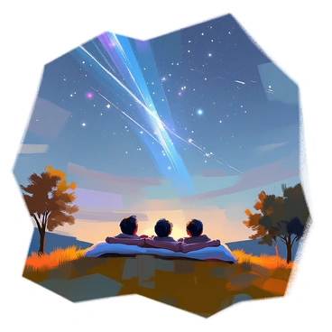 A group of three people lies on a grassy hill, gazing up at the night sky. They are positioned in a relaxed manner, with one person leaning back on their elbows, while the other two are sprawled out on the ground. The sky above them is a deep navy blue, dotted with countless stars. A spectacular display of shooting stars streaks across the sky, leaving bright trails behind them. The landscape around the hill is gently rolling, with a few trees silhouetted against the starry backdrop. The scene exudes a sense of wonder and tranquility as the group enjoys the celestial spectacle.