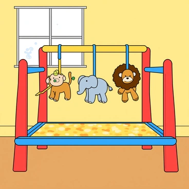 A colorful baby gym featuring a sturdy frame in bright primary colors of red, blue, and yellow. The gym has a soft, padded mat in cheerful patterns, providing a comfortable space for the baby. Hanging from the frame are multiple animal mobiles, including a soft elephant, a cheerful lion, and a playful monkey, each one brightly colored and made of plush fabric. The mobiles gently sway above, catching the light and creating a playful atmosphere. The scene is set in a well-lit room, with warm sunlight streaming through a window, illuminating the gym and adding to the overall vibrant feel.