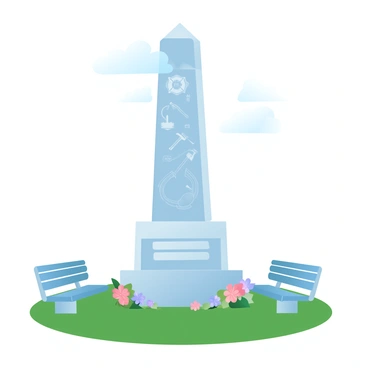 A tall monument made of polished stone stands in the center of a public park. The monument features intricate carvings of firefighting tools, such as axes and hoses, along with a large emblem that represents bravery. Surrounding the monument are benches for visitors to sit and reflect, with lush green grass carpeting the area. Colorful flowers bloom at the base of the monument, adding vibrancy to the scene. A clear blue sky is visible above, enhancing the monument's presence.