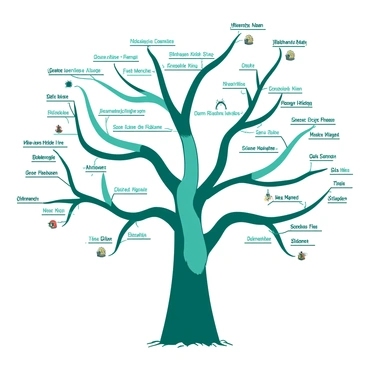 A detailed tree diagram features "Tom Riddle" prominently at the center, surrounded by branches extending outward. The branches show various family members of the Riddle family lineage. Each branch is labeled with names, creating a clear and organized structure. The diagram includes a mix of "white" and "teal" colors to represent the different branches and relationships within the family tree. There are connecting lines between family members, indicating their relationships. Some branches lead to names in a smaller font size, illustrating extended family connections. The overall layout is balanced and visually appealing, highlighting the complexity of the family lineage.