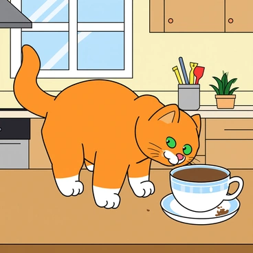 A fluffy orange tabby cat with white paws is standing on a wooden kitchen counter. The cat has bright green eyes that are wide open, showing its curiosity as it leans forward to sniff a white ceramic coffee cup. The coffee cup features a subtle blue pattern around its rim. Nearby, there is a small saucer with a few crumbs on it. The countertop is cluttered with a few bright utensils and a small potted plant, adding to the lively kitchen atmosphere. Sunlight streams in from a window, casting soft shadows around the scene.