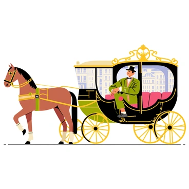 A nobleman with a finely tailored dark green coat and a brocade vest is sitting inside a luxurious horse-drawn carriage. The carriage features intricate gold detailing and plush red velvet seats. The nobleman has a distinguished hat with a feather perched on top and is looking out through a large, ornate window. Outside the window, bustling Parisian streets are visible, with cobblestones and elegant buildings lining the way. A horse, adorned with a decorative harness, stands patiently in front of the carriage.