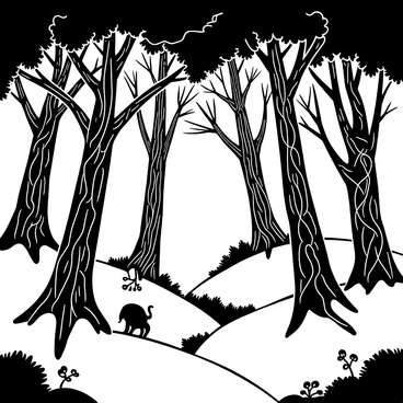 A dense forest with towering trees that have thick, gnarled trunks and sprawling branches. The ground is covered in a layer of mist that swirls around the bases of the trees. In the shadows between the trunks, the outlines of hidden mythical creatures can be seen, blending into the surroundings. Some trees have unique shapes, while others are covered in moss and intertwined vines. The atmosphere is filled with an air of mystery, as the trees seem to whisper secrets of the enchanted world.