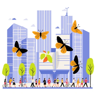 A group of vibrant orange and black "Monarch butterflies" fluttering above a busy "cityscape". Skyscrapers with large glass windows and bright billboards are visible in the background. Below, a crowded street filled with people walking and riding bicycles. Some trees with green leaves are scattered along the sidewalks. The sky is blue with a few white clouds drifting. The butterflies are in various positions, some hovering and others gliding gracefully among the buildings.