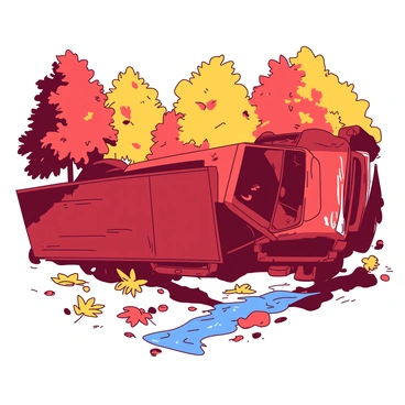 A red truck is overturned on its side in a forested area surrounded by vibrant autumn foliage. The trees are adorned with leaves in various shades of orange, yellow, and red. Brightly colored leaves are scattered on the ground around the truck, creating a picturesque yet dramatic scene. Nearby, a small stream reflects the colors of the leaves above, adding to the setting's richness. The truck has visible dents and scratches, with debris scattered around it, indicating the recent accident.