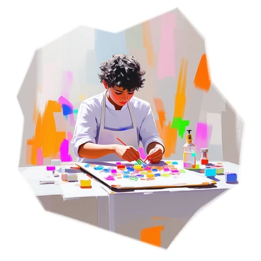 An artist with medium skin and short curly hair is sitting at a table, focused on their work. They are using a variety of colorful paper clips in different shapes and sizes to create a unique, abstract painting. The table is covered with a large canvas that has vibrant splashes of paint in the background. The artist is carefully arranging the paper clips on the canvas, positioning them to form interesting patterns and textures. Bright colors of red, blue, yellow, and green are prominently featured in both the paper clips and the paint, creating a lively and dynamic composition. The artist wears an apron that reflects their creative style, adding to the artistic atmosphere of the scene.