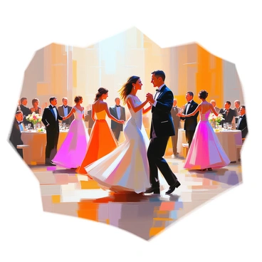 A formal inauguration ball scene featuring elegantly dressed couples twirling on a polished wooden dance floor. The women are wearing long, flowing gowns in a variety of rich colors, with intricate details and embellishments. The men are dressed in classic tuxedos, exuding sophistication. The couples are gracefully moving in sync, their expressions joyful. Surrounding the dance floor, decorated tables are set with fine china and sparkling glassware, and soft lighting casts a warm glow over the gathering.