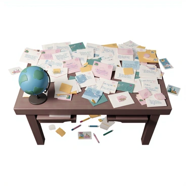 A wooden desk with a rich, dark finish, covered with an array of colorful, illustrated letters. Each letter features unique designs, stamps, and handwriting from various pen pals. The letters are neatly stacked, some partially opened, revealing glimpses of handwritten messages and doodles. A small globe rests at one corner of the desk, symbolizing the global connections. Scattered around the letters are colorful pens and a few postcards showcasing different cultures and landmarks. The scene conveys a sense of warmth and friendship through the vibrant correspondence.