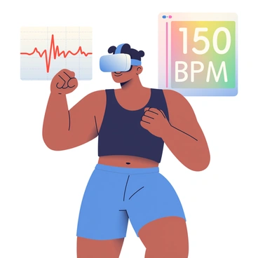 A person with medium skin and short black hair is wearing a virtual reality headset, fully immersed in a workout session. They are dressed in a fitted black tank top and bright blue athletic shorts. Their posture is dynamic, as they are mid-action, perhaps performing a punch or a squat. Surrounding them is a digital interface displaying heart rate data in vibrant colors, with the heart rate shown as "150 BPM" prominently. The background is minimalistic, allowing the focus to remain on the person and the heart rate display.