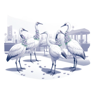 Several cranes are gathered in a lively outdoor setting, engaged in a spring festival celebration. Each crane is adorned with intricate floral garlands draped around their necks, displaying a variety of flowers. The scene is bustling with activity as the cranes interact with one another, some with their wings partially spread, showcasing their graceful forms. In the background, decorations and festivities are apparent, adding to the vibrant atmosphere of the celebration. The ground is scattered with petals, enhancing the festive spirit of the spring event.