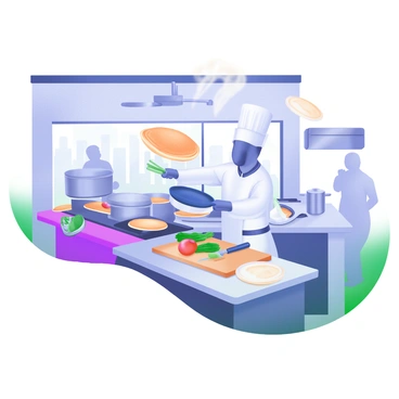 A busy restaurant kitchen filled with chefs and kitchen staff. In the center of the scene, a chef in a white uniform and a tall hat is skillfully flipping a pancake mid-air with a frying pan. The pancake is golden brown and has a slight curl at the edges. Surrounding the chef are pots and pans on the stove, a cutting board with fresh vegetables, and a chopping knife resting beside it. Various plates and utensils are scattered around, and a window in the background shows glimpses of the dining area filled with patrons. The kitchen atmosphere is lively, with steam rising and a sense of movement all around.