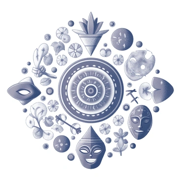 An intricate composition featuring various cultural motifs and symbols. The image includes an ornate mandala at the center, surrounded by a border decorated with tribal patterns. Various elements such as a delicate lotus flower, geometric shapes, and traditional masks from different cultures are interwoven throughout the design. The motifs are arranged in a harmonious layout that showcases their diversity while maintaining a cohesive aesthetic. Each symbol is detailed and carefully illustrated, emphasizing the richness of cultural heritage.