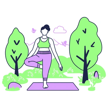 A person is standing on a yoga mat, performing a yoga stretch. The individual is dressed in comfortable athletic wear and is positioned in a graceful pose with arms extended. Surrounding this person is a lush natural setting featuring tall trees and soft grass. In the background, there are gentle hills, and a serene stream flows nearby. Birds are perched on branches, and a few butterflies flutter around, creating a lively atmosphere. The sunlight filters through the leaves, casting dappled shadows on the ground.