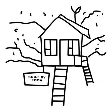 A charming treehouse made of wood, nestled among the branches of a large tree. The treehouse features a small wooden ladder leading up to a porch with a railing. There are simple windows cut into the sides, revealing a cozy interior. In the background, a vast landscape unfolds, showcasing rolling hills and a clear sky. The scene is bathed in soft, natural light. A sign hanging near the entrance reads "Built by Emma."