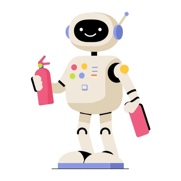 A small robot with a sleek silver body and round features stands upright. It has a large, friendly digital screen face displaying a smiling expression. In its right hand, the robot holds a compact red fire extinguisher, designed to fit perfectly within its grasp. The robot’s legs are articulated, allowing it to maintain a stable stance. Various buttons and lights are placed on its chest, indicating its active status. The background consists of light, simple colors to highlight the robot's features and its essential tool.