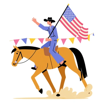A patriotic cowboy wearing a blue shirt and a wide-brimmed hat sits on a brown horse. The cowboy is waving a large American flag, which billows in the wind. The background features colorful rodeo banners and a cheering crowd. Dust is kicked up around the horse's hooves, emphasizing the excitement of the rodeo event. The scene captures the spirit of patriotism and the thrill of the rodeo atmosphere.