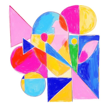 An illustration features overlapping geometric shapes including triangles, circles, and squares. The shapes are filled with a variety of bright colors such as red, blue, yellow, green, and orange. The arrangement creates a dynamic composition with some shapes partially transparent, allowing the colors to mix visually where they overlap. Each geometric form has sharp edges and defined outlines, enhancing the contrast between the colors.