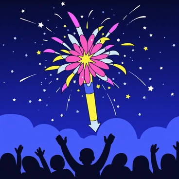 An arrow-shaped firework exploding in a night sky. The firework is bright and colorful, with bursts of red, blue, and gold lighting up the darkness. As it detonates, sparkles and trails of light radiate outward in various directions. The night sky is filled with scattered stars, providing a contrast to the vivid colors of the firework. Below, silhouettes of cheering people can be seen, raising their arms in celebration of the New Year.
