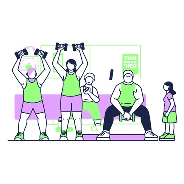 An illustration depicting a fitness scene with people of various ages incorporating dumbbell thrusters into their workouts. On the left, a young man is performing a dumbbell thruster with a pair of dumbbells, his feet shoulder-width apart and arms extended above his head. Next to him, a middle-aged woman is completing a dumbbell thruster, her knees slightly bent and her back straight as she presses the weights overhead. In the background, an elderly man is preparing to execute the movement, holding the dumbbells close to his chest while he crouches slightly. To the right, a teenage girl is watching the others while holding a dumbbell, ready to join in. The gym environment features motivational posters on the walls and exercise mats on the floor.