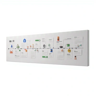 A large wall-mounted timeline spanning from the top to the bottom of the wall. The timeline features a series of milestones marked with colorful icons and illustrations, each representing significant events in the history of an illustration firm. The dates are labeled in bold, clear font, and each milestone includes a brief description in smaller text underneath. The wall has a clean, modern aesthetic, with a light background that makes the timeline elements stand out. Alongside the timeline, there are visual elements such as sketches, client logos, and project highlights, creating a comprehensive narrative flow.