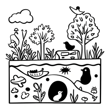 A detailed cross-section illustration of a forest ecosystem. Various layers of the forest are depicted, including the forest floor with fallen leaves and mushrooms. Different animal habitats are shown, such as a burrow with a small animal peeking out, a nest high in the branches of a tree, and a log with insects crawling on it. Above, a canopy of leaves filters sunlight, and various birds are seen perched on branches. Diverse plants and trees provide a rich texture to the environment, contributing to the overall scene.