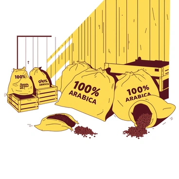 A yellow barn interior is filled with several large burlap sacks of coffee beans stacked neatly in a corner. The sacks are labeled with "100% Arabica" in bold, black letters. Sunlight streams in through narrow gaps in the wooden walls, casting light and shadow on the floor. Some sacks are slightly opened, revealing glistening dark coffee beans spilling out. Wooden crates are arranged around the area, some empty and others filled with coffee bean sacks, ready for transport.