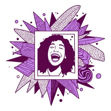 A candid photograph of a person laughing is centered in the image. Surrounding the photograph is a dynamic explosion of patterns and shapes, featuring numerous overlapping designs. The patterns include spirals, lines, and geometric forms that radiate outwards from the photograph. The overall composition is vibrant, with a mix of colors converging around the laughing figure, enhancing the joyful expression captured in the moment.