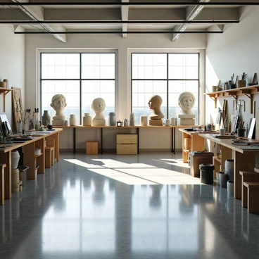 A spacious artist's workshop with polished concrete floors that reflect light. The room is filled with various sculptures, including an abstract bust and a lifelike figure, made from materials such as marble and clay. Different tools are scattered around, including chisels, hammers, and paintbrushes, arranged neatly on a wooden workbench. Shelves lining the walls display jars of paint and blocks of clay. Natural light streams through large windows, highlighting the creative atmosphere of the space.