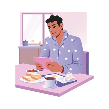 A person in pajamas enjoying breakfast while checking emails on a tablet.