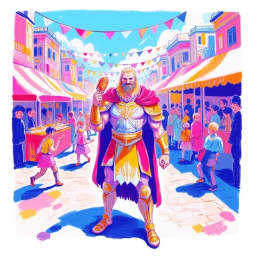 Kratos is standing in the middle of a bustling festival. He is wearing his signature armor, which gleams against the bright decorations surrounding him. The crowd is lively, filled with colorful tents and vibrant banners fluttering in the breeze. Stalls are set up nearby, showcasing a variety of foods, including a roasted turkey leg that Kratos is holding in one hand. Laughter and cheerful chatter fill the air around him. Children are running and playing nearby, while festival-goers are dancing and enjoying the festivities. The atmosphere is filled with joy and excitement.