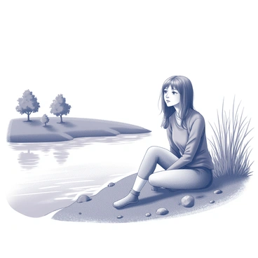 A riverbank with gently flowing water. The scene features a young woman named Anna sitting on the grassy bank, her legs stretched out in front of her. She has a peaceful expression as she gazes thoughtfully at the water. The surrounding area is adorned with tall grass and a few trees in the background, their leaves gently swaying in a light breeze. A few stones are scattered along the edge of the river, enhancing the natural ambiance of the setting.