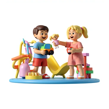 Two children, a boy and a girl, are on a colorful playground filled with various toys. The boy has short brown hair and is wearing a blue t-shirt and red shorts. He is smiling and holding a toy truck in his hands. The girl has curly blonde hair tied in pigtails and is wearing a pink dress with white polka dots. She is reaching out with a toy doll in her hand, joyfully exchanging it with the boy. Surrounding them are bright swings and a slide, and the sun is shining down, creating a cheerful atmosphere.