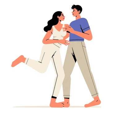 Two contemporary dancers are entwined in a fluid motion, their bodies gracefully positioned to showcase their movements. One dancer has flowing black hair and is wearing a sleek white outfit, while the other has short brown hair and wears a fitted dark blue top and light gray pants. They are surrounded by a minimalist stage with smooth wooden flooring, and soft, diffused lighting highlights their forms, casting gentle shadows that enhance their elegant poses. The dancers' expressions reflect concentration as they seamlessly blend their movements together.