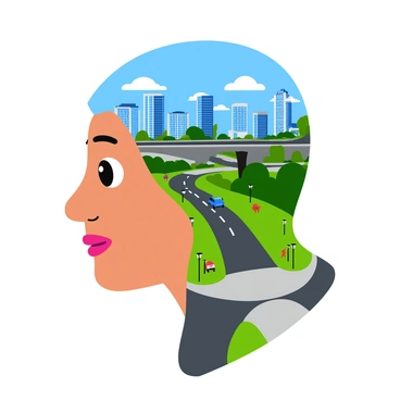 A human face with distinct features, such as bright eyes and a smooth complexion, seamlessly blends into an urban cityscape. The forehead transitions into skyscrapers that rise upward, their glass windows reflecting the sunlight. The cheekbone morphs into a series of bridges and overpasses, showcasing vehicles moving along the roads. The lips are shaped like a wide street, lined with trees and streetlights, while the chin transforms into a park area with small figures enjoying the greenery. The hair of the face flows into clouds above, creating a harmonious blend of human and architectural elements.