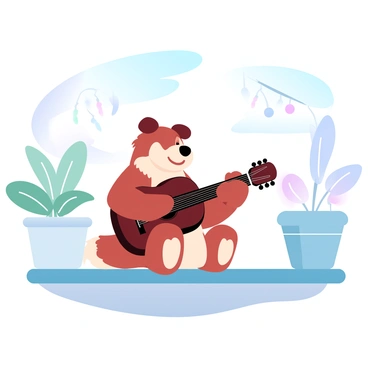 A dog sitting on a wooden porch is playing a guitar. The dog has a fluffy coat and is holding the guitar with its paws. Sunlight is streaming down, creating a warm ambiance. In the background, there are potted plants and a few hanging decorations, adding to the setting. The sky is clear with a few soft clouds, enhancing the bright atmosphere of the sunny day.
