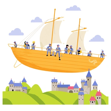 A medieval-themed airship with a large, wooden hull decorated with intricate carvings and sails fluttering in the wind. The airship has several knights in shining armor standing on the deck, holding onto the railings. Some knights are looking out over the landscape, while others are preparing their weapons. Below, a vibrant kingdom is visible with rolling green hills, stone castles, and colorful rooftops of villages. The sky is bright with fluffy white clouds scattered across it, adding to the adventurous atmosphere of the scene.