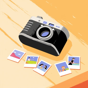 A vintage camera with a curved design sits on a wooden table. The camera features a shiny black body and a prominent lens, adorned with silver accents. Scattered around the camera are several polaroid photos, showcasing colorful snapshots of various landscapes and people. The photos are slightly curled at the edges, creating a nostalgic atmosphere. Soft light casts gentle shadows across the table, highlighting the textures of the camera and the photographs.