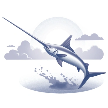A swordfish is leaping out of the water, its long, pointed bill and streamlined body clearly visible. The water is splashing around the fish as it breaks the surface. In the background, a large sun is setting on the horizon, casting expansive rays and creating a dramatic scene. The sky features dynamic cloud formations, enhancing the atmosphere of the moment.