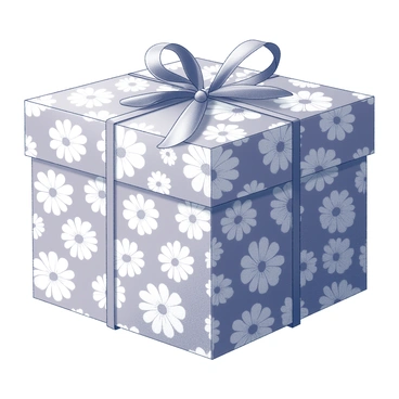 A gift box with a square shape, featuring intricate "calendula flower" patterns covering the entire surface. The wrapping is smooth and glossy, reflecting light subtly. A large, elaborate bow sits at the top of the box, its loops perfectly shaped and symmetrical. The gift box is positioned on a plain surface, emphasizing its decorative design.