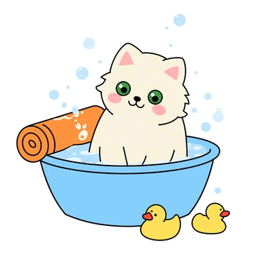 A fluffy white cat with big green eyes is sitting in a small blue basin filled with warm water. Water droplets are gently splashing around as the cat is being bathed. The cat's fur is wet and slightly matted, revealing its soft texture. Next to the basin, there is a rolled-up orange towel featuring a cute cartoon design. Bubbles are floating in the air, and small rubber duckies are scattered around the basin. The scene conveys a playful atmosphere with the cat appearing relaxed despite the bath.